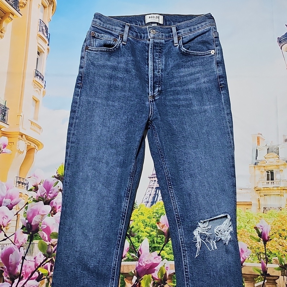 Agolde Los Angeles Distressed Classic 5 Button Blue Denim Jeans Size 26 - Picture 2 of 6